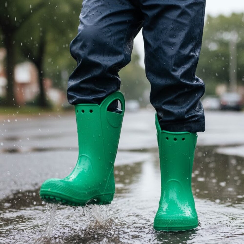BOY’S CROCS GREEN HANDLE IT RAIN BOOTS SZ 1 J1 PULL ON LIGHTWEIGHT COMFY